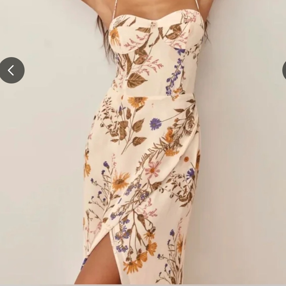 Reformation Cream Floral Midi Dress with Spaghetti Straps
